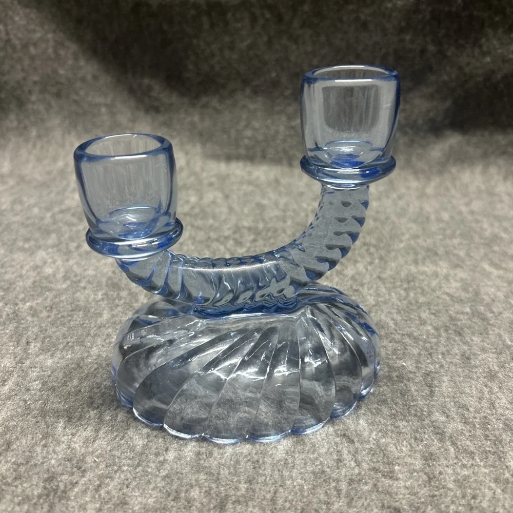 Vtg Double Offset Level Glass Taper Candlestick Holder Viennese Blue Twist Swirl